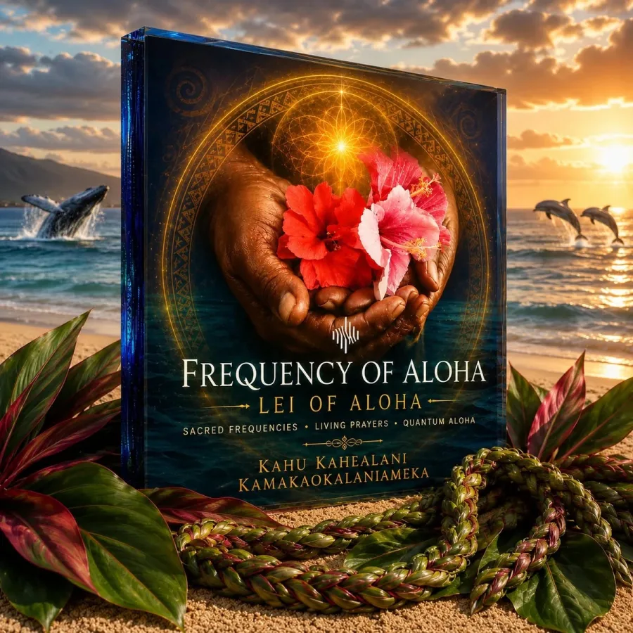 Album cover of Frequency of Aloha: hands holding a red hibiscus over the sea.