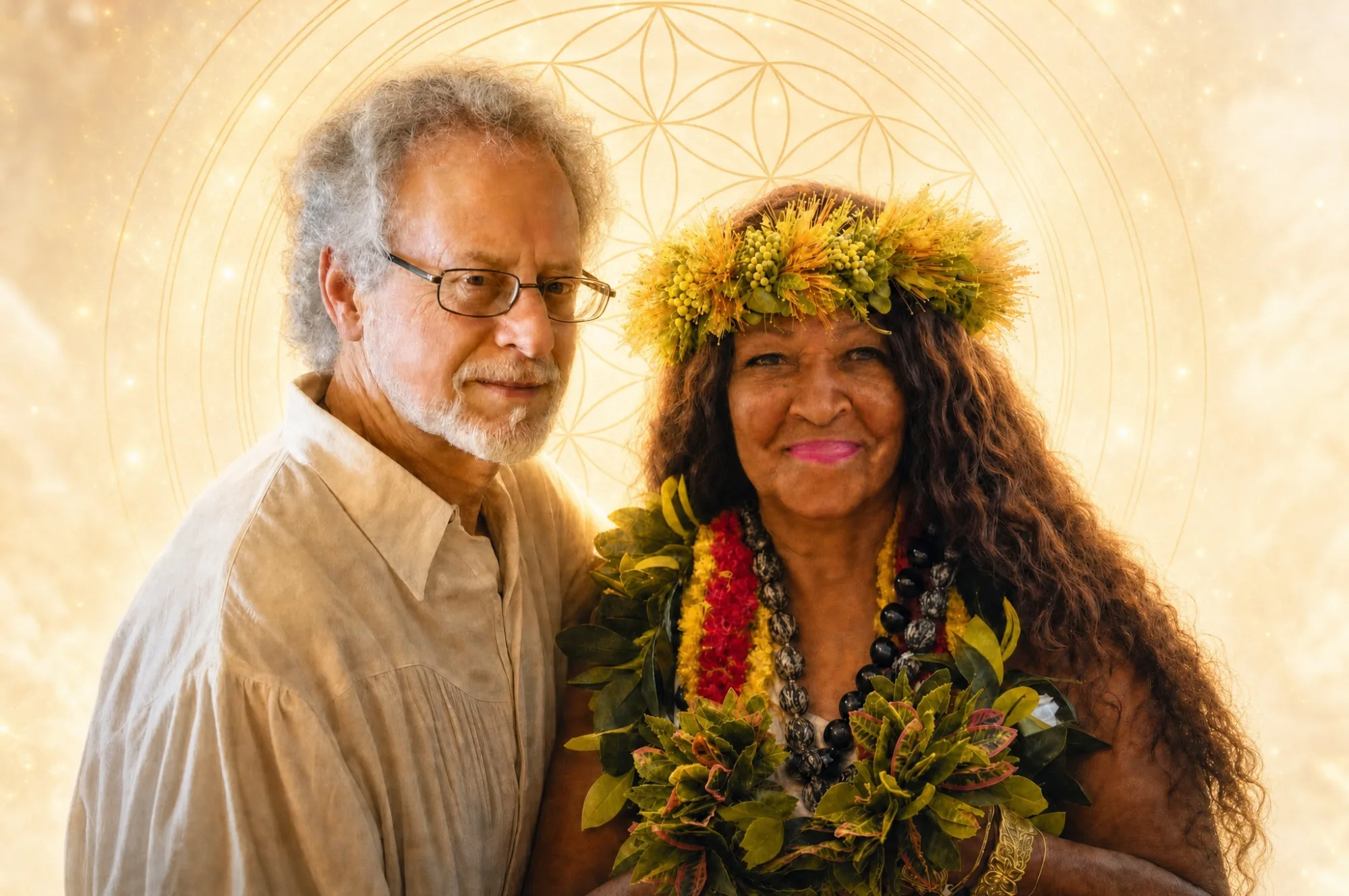 Steven Halpern and Kahu Kāhealani side by side, smiling, in warm golden light.
