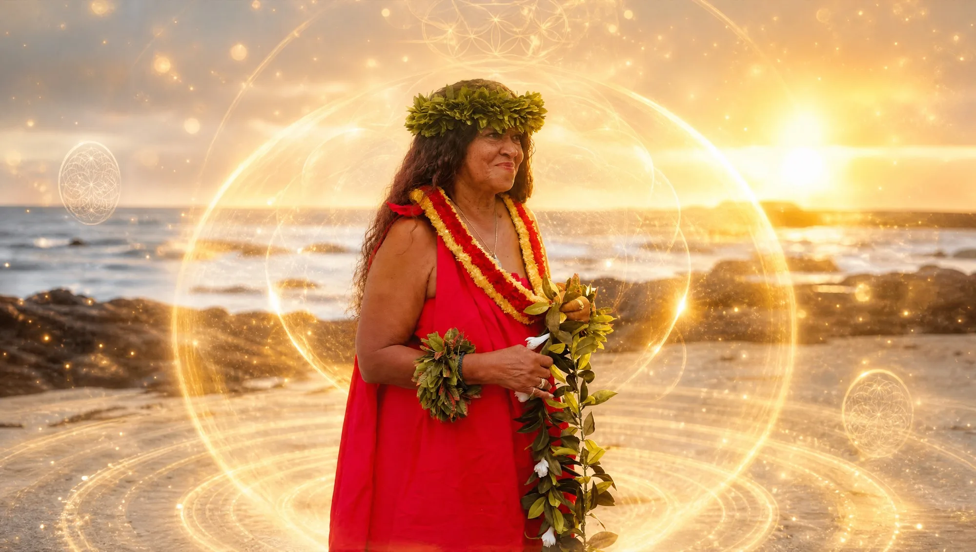 Kahu Kāhealani in a red dress on the beach at sunset, inside a ring of golden light.