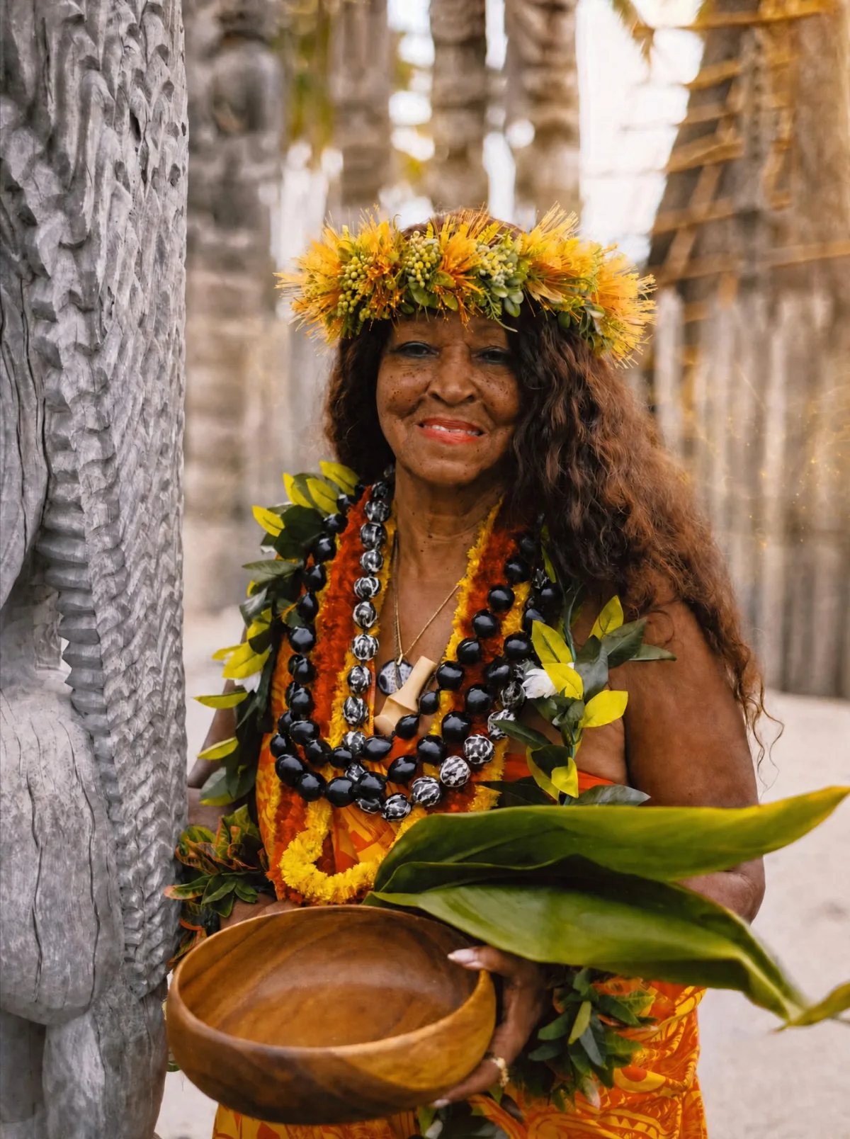 Kahu Kāhealani holding a koa bowl, wearing a lei, looking into the camera.