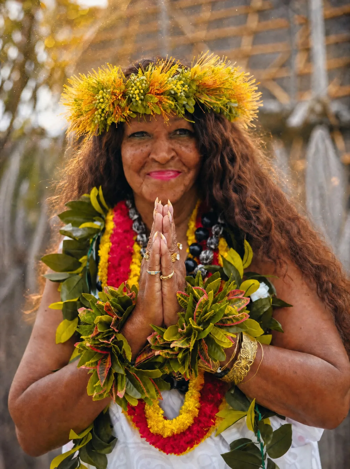 Kahu Kāhealani with her hands together in prayer, wearing a lei.