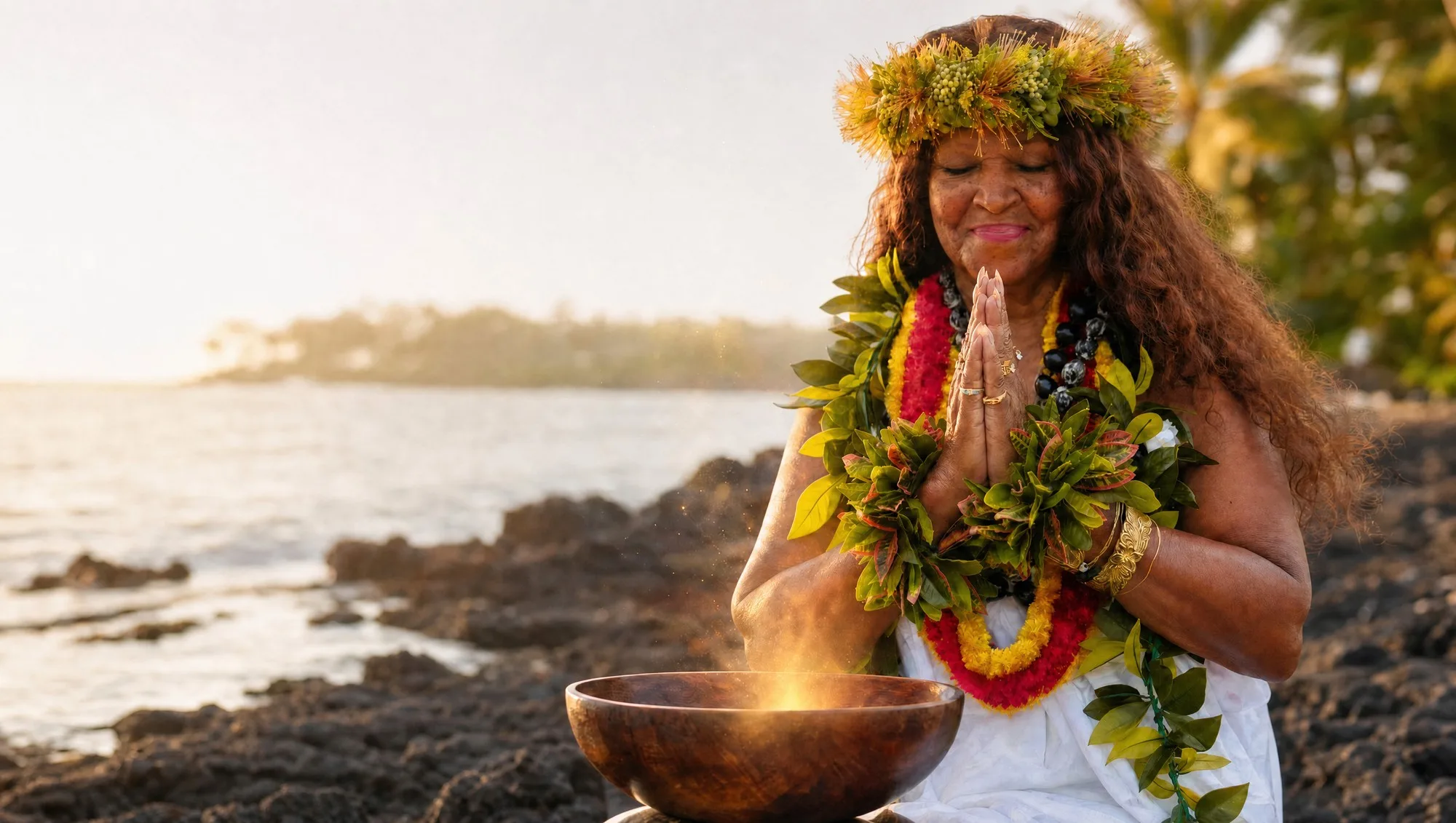 Kahu Kāhealani praying over a koa bowl on the lava shore, golden light around her.