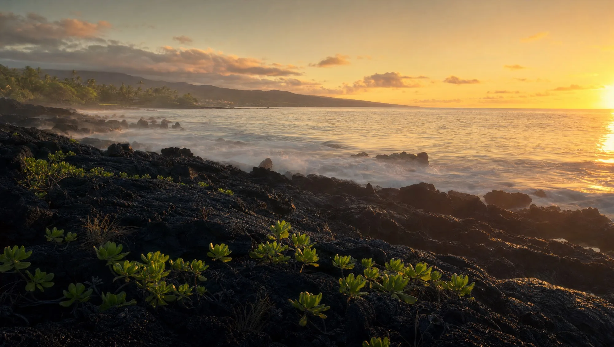 Dawn over Maui, soft gold light on the sea.
