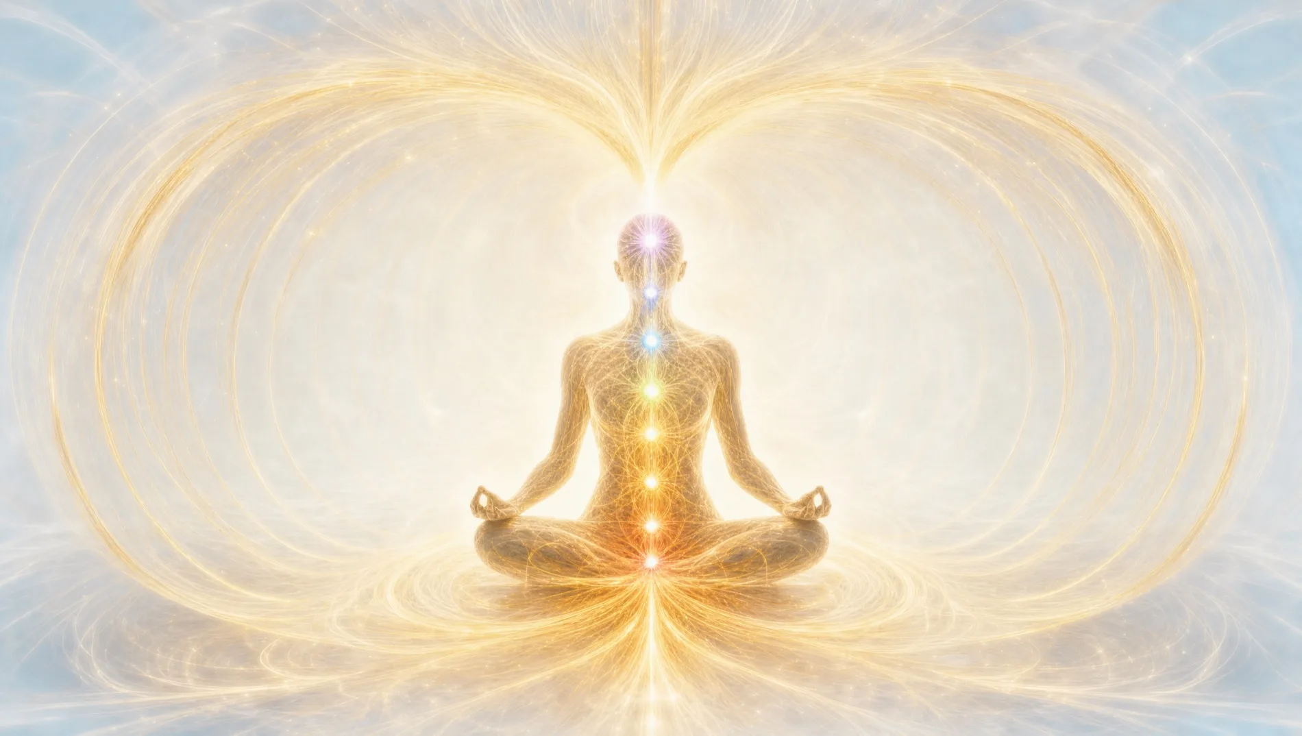A seated figure of golden light in meditation, light radiating from the heart.