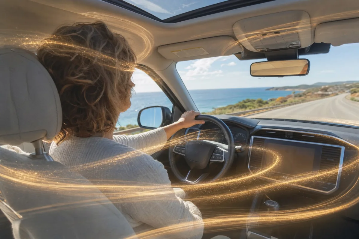 A woman driving a coast road with golden light circling the car.