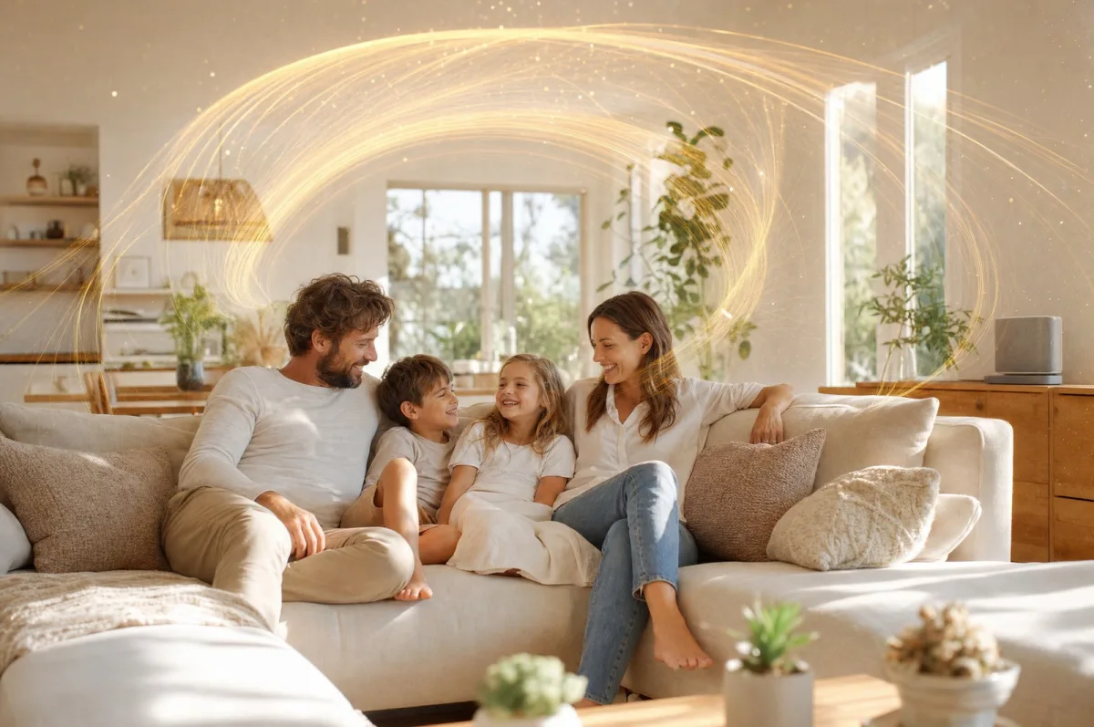A family on a sofa inside a golden field of light.