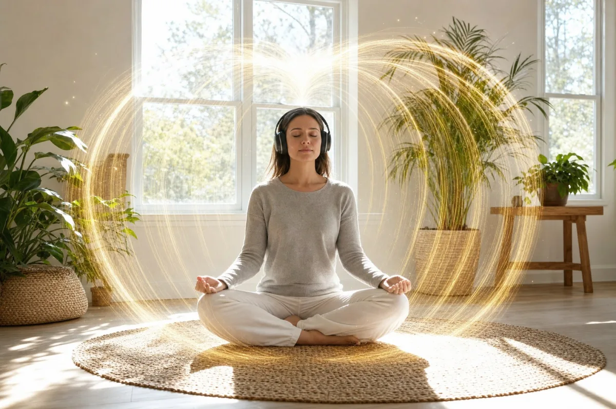 A woman meditating cross-legged in a sunlit room inside a ring of golden light.