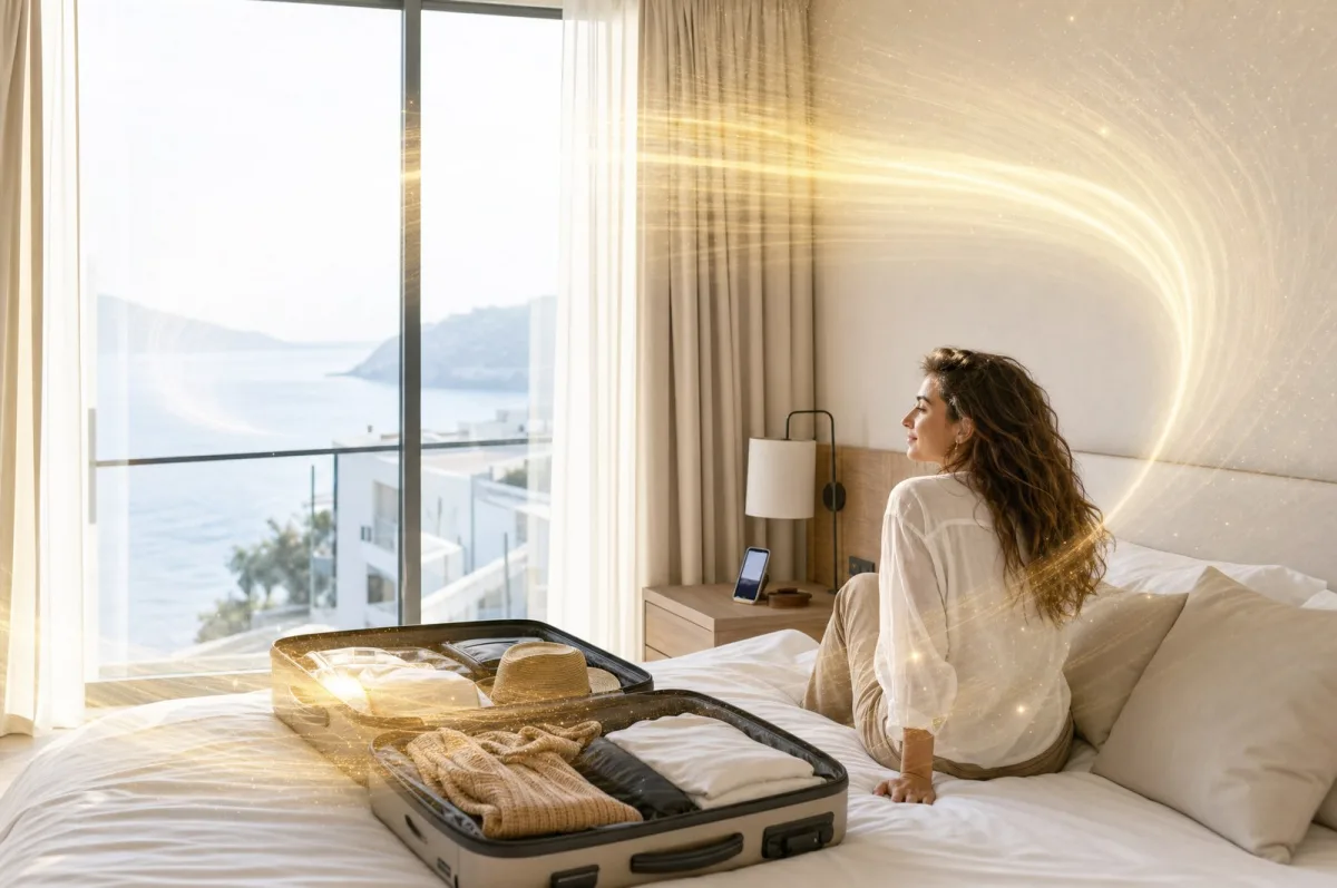 A woman packing a suitcase in a bright room by the sea.